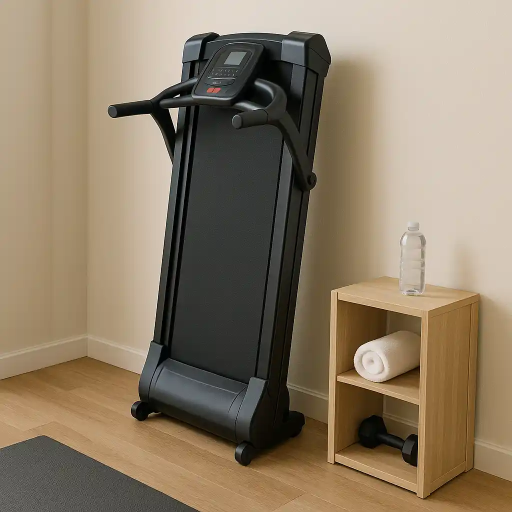 Compact folding treadmill stored neatly in a small workout space.