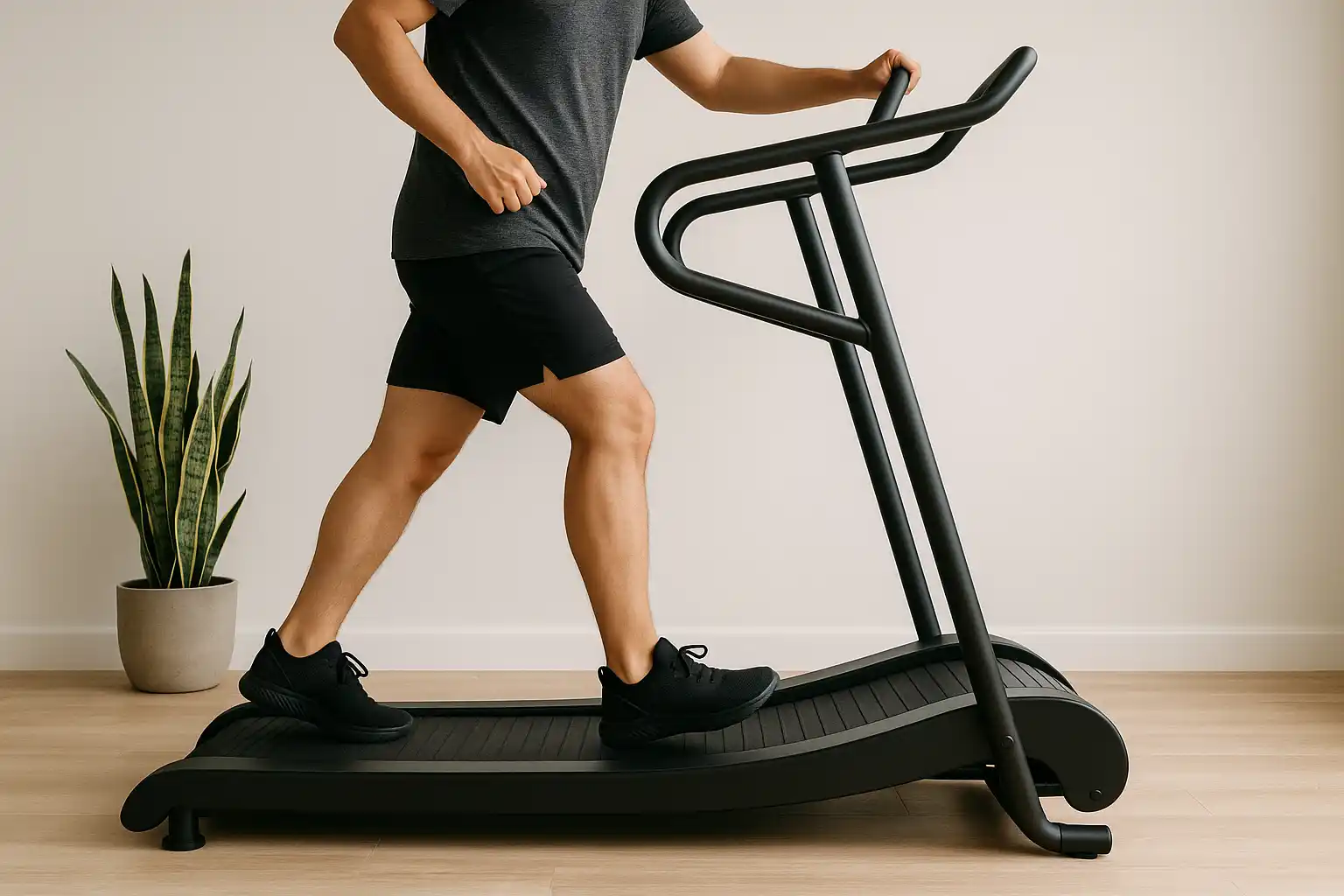 Manual treadmill workout for natural, energy-efficient exercise.