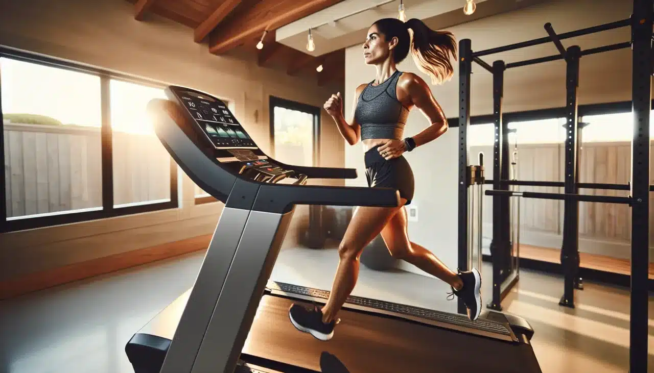 marathoner running indoors on a premium incline capable treadmill with coaching screen