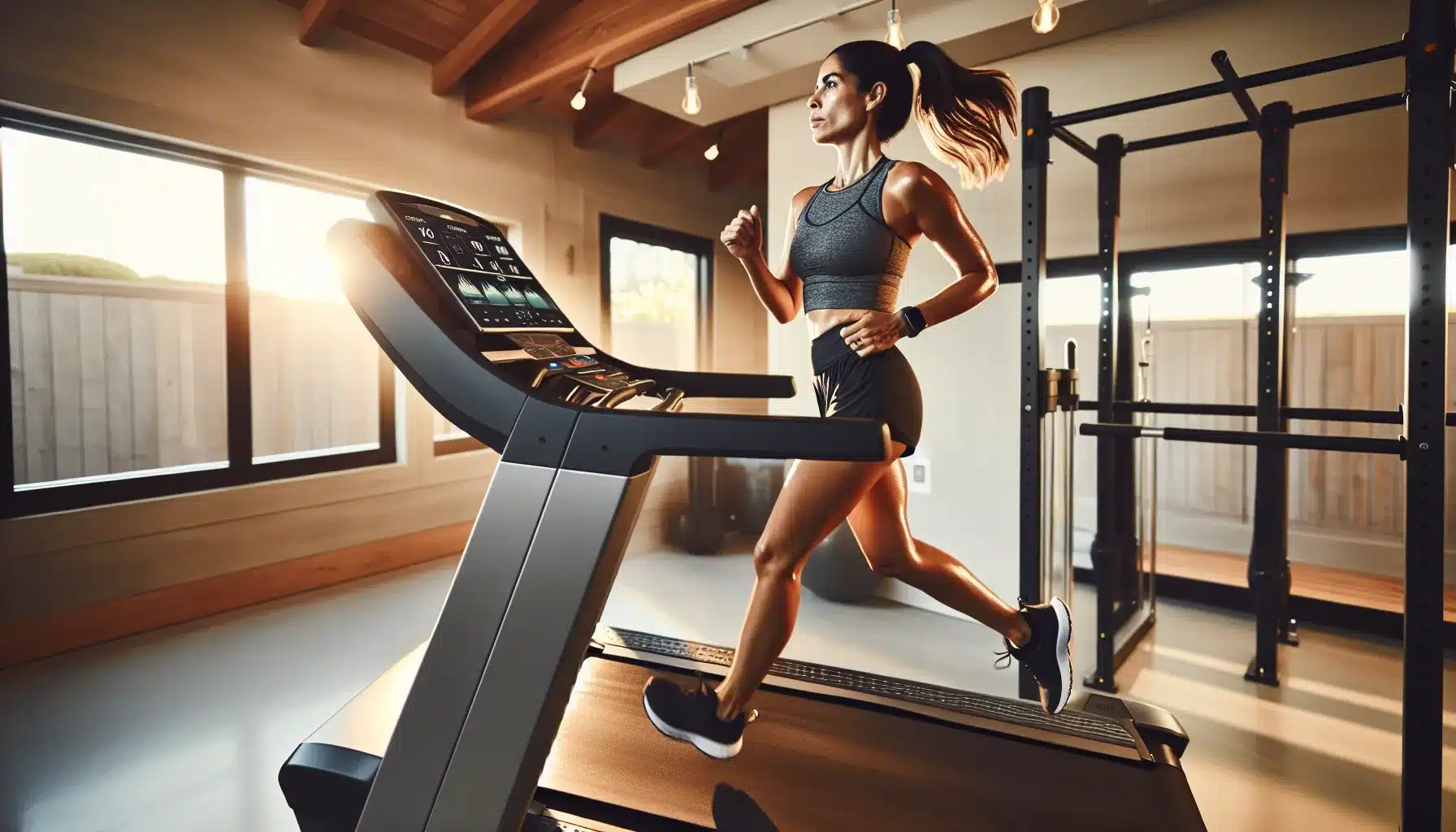 Runner training on an incline-capable treadmill indoors