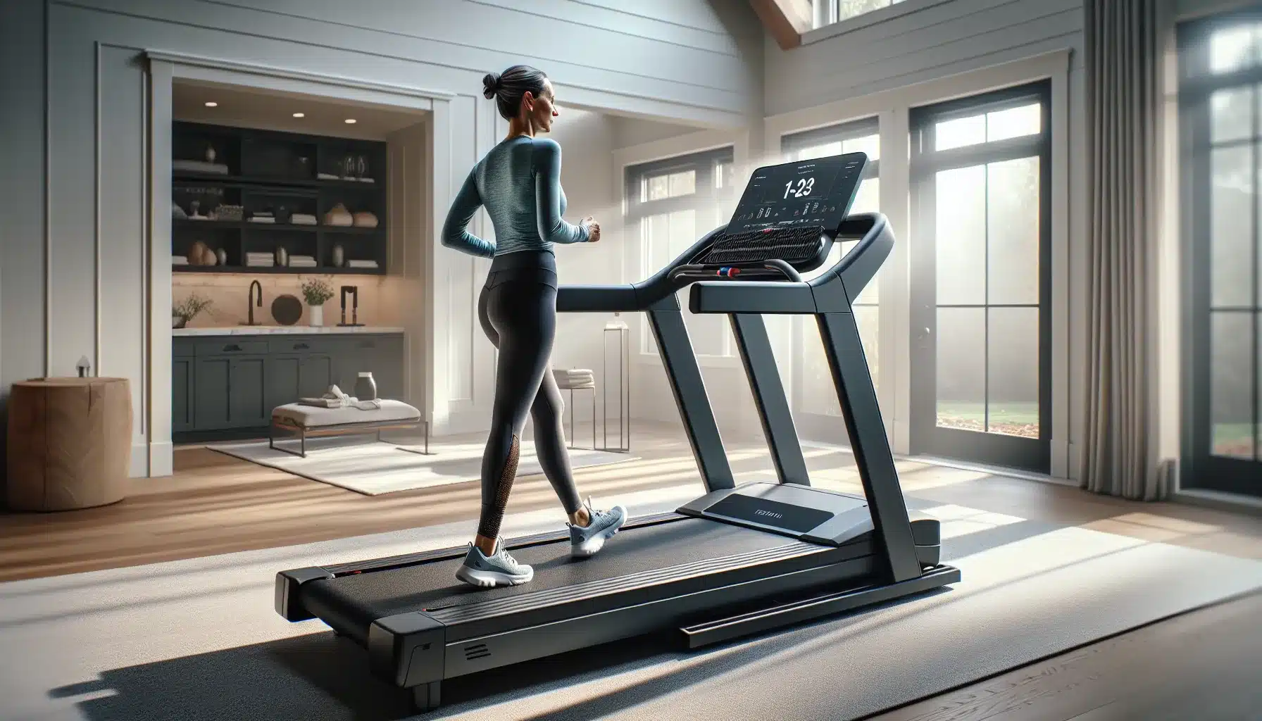 Middle-aged woman walking on a cushioned treadmill at home