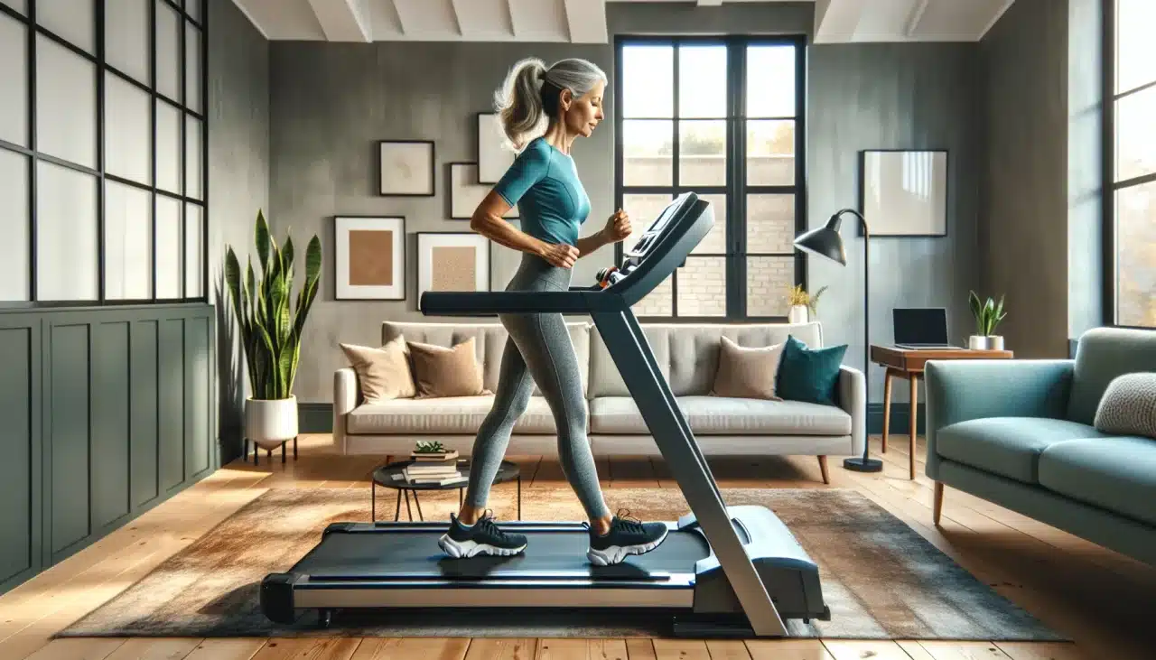 Woman walking on a cushioned treadmill in a bright living room