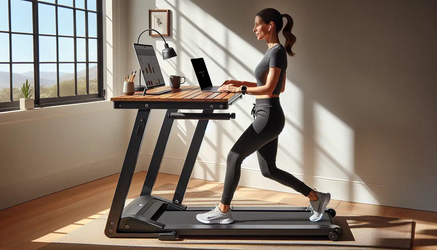 Person walking on a treadmill desk in a bright home office