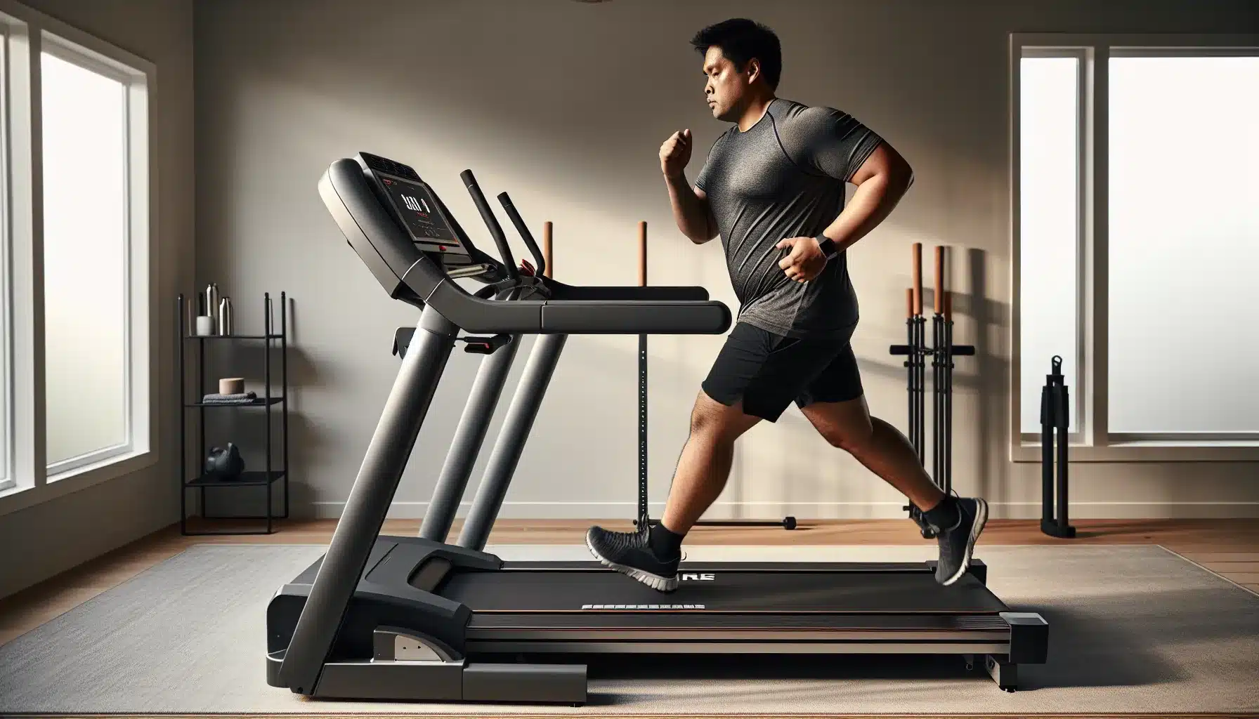 plus size runner on a heavy duty home treadmill with wide deck and sturdy handrails