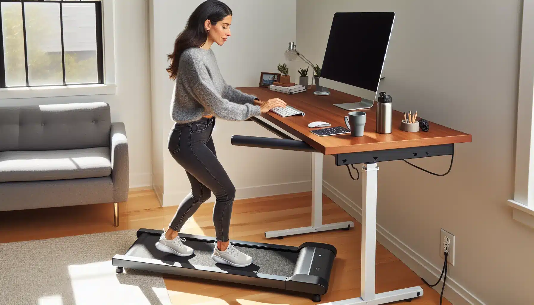 Professional walking on an under-desk treadmill while working at a standing desk