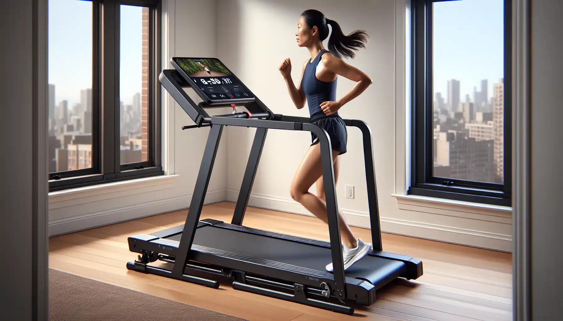 runner on a compact folding treadmill in a sunlit u s apartment