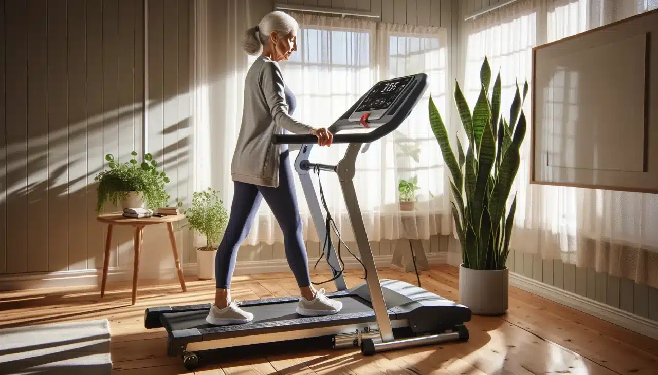 senior woman lowering a folding treadmill with extended handrails in a sunny living room