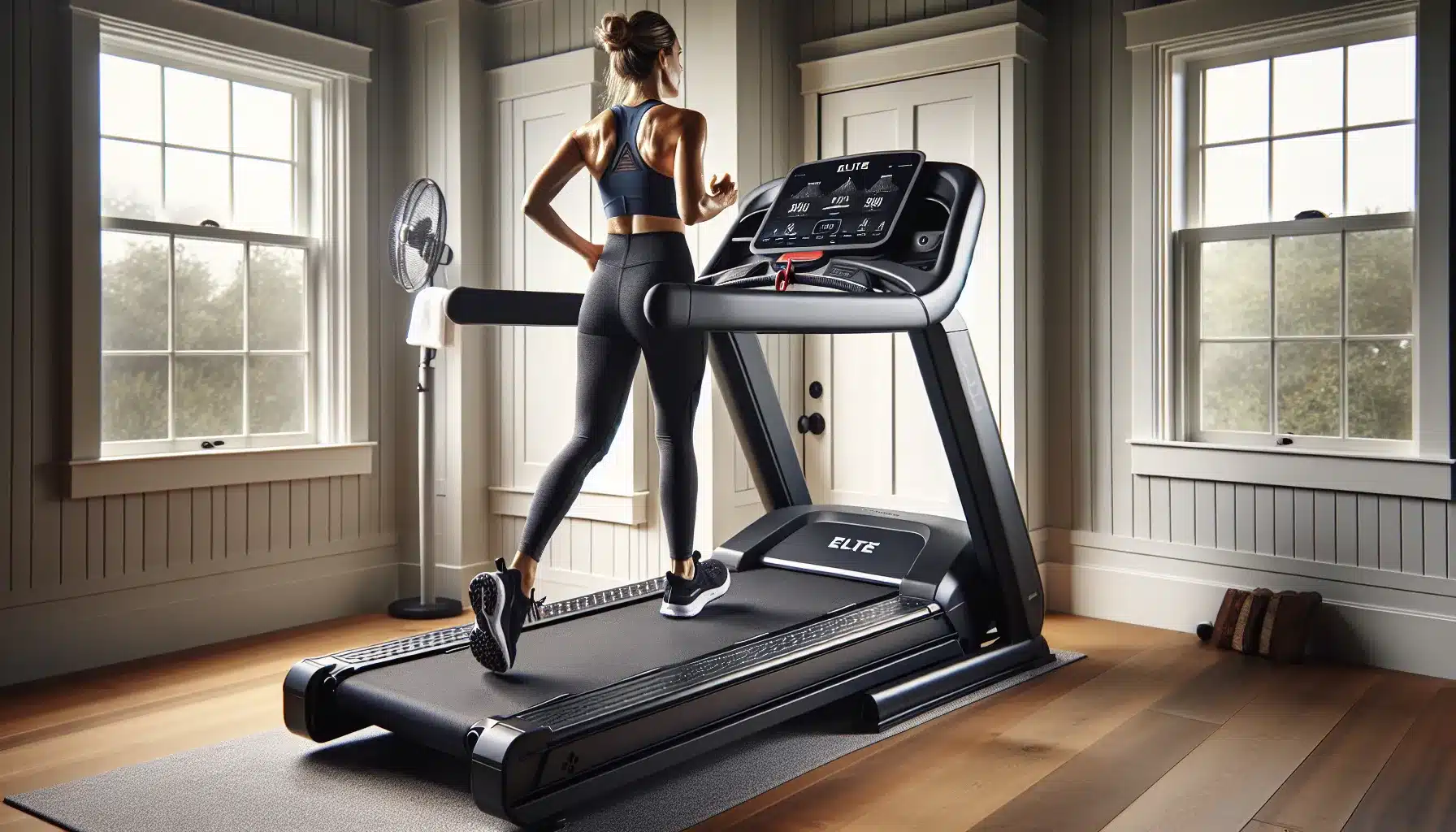 Woman training on an incline treadmill in a bright home gym