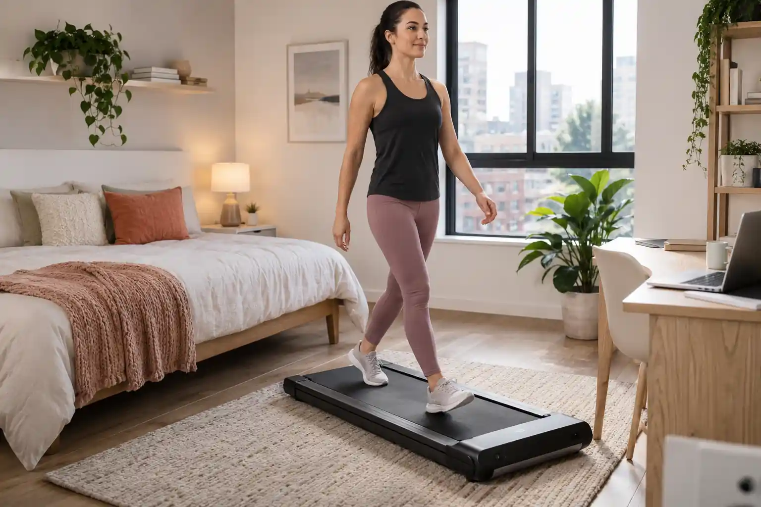 Best folding treadmill under bed in use as a compact walking pad in a bright bedroom