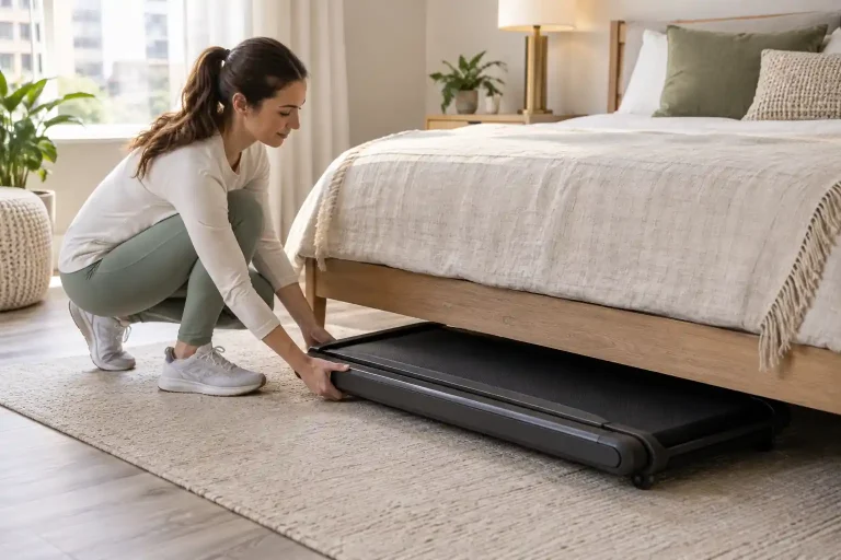 Best folding treadmill under bed being stored beneath a modern bed