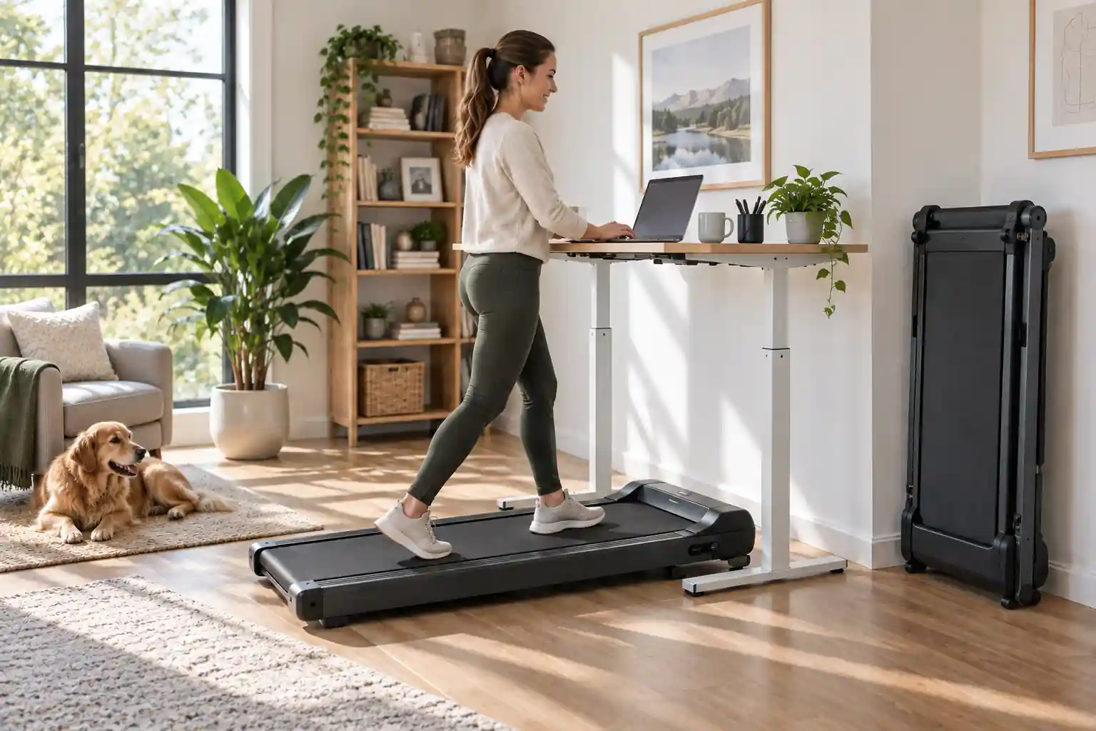 Best folding treadmill with desk in a bright home office