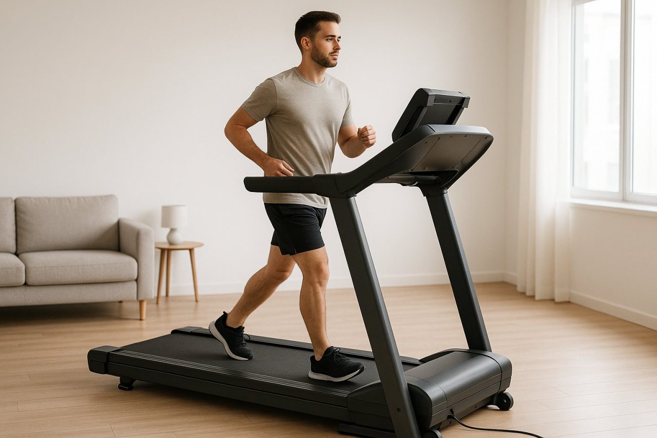 Person lightly running on a folding treadmill in a modern apartment