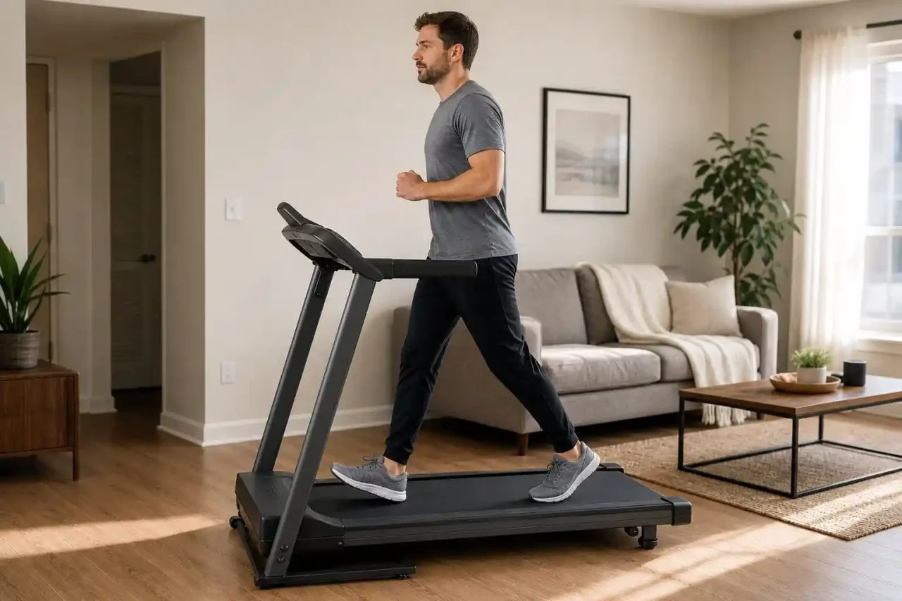 Adult walking on a budget treadmill in a small modern living room