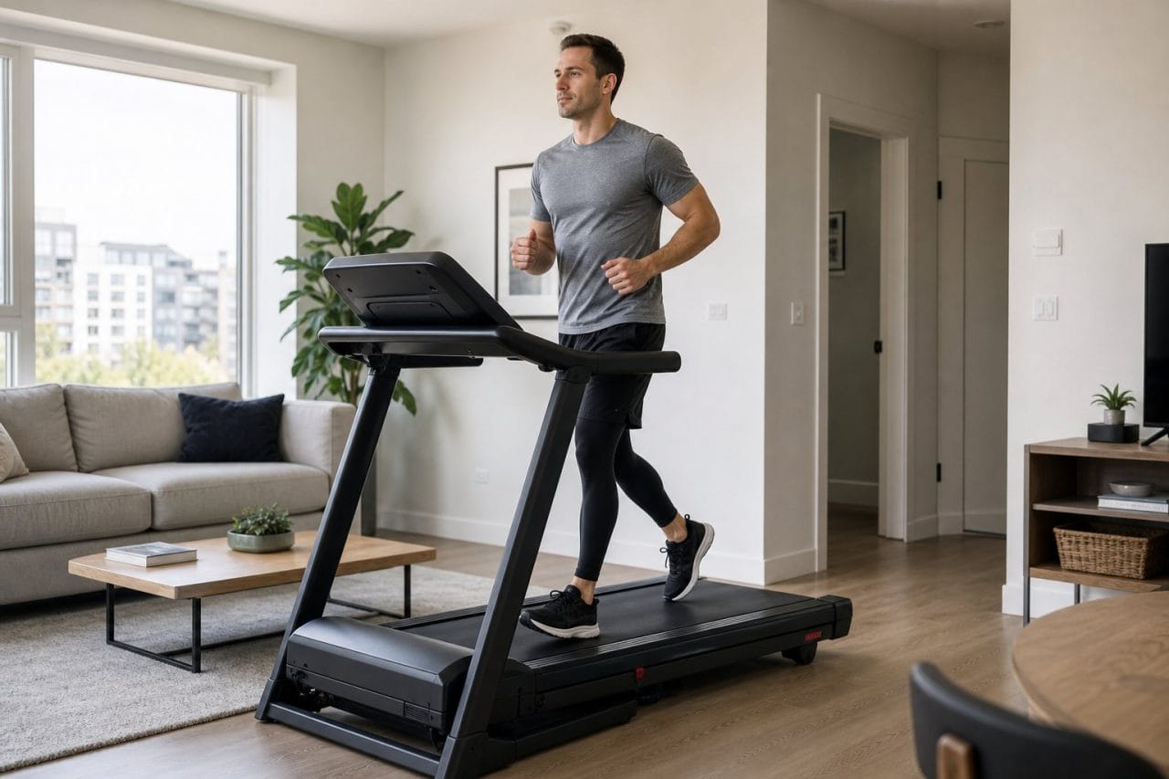 adult using a folding treadmill in a bright modern apartment living room