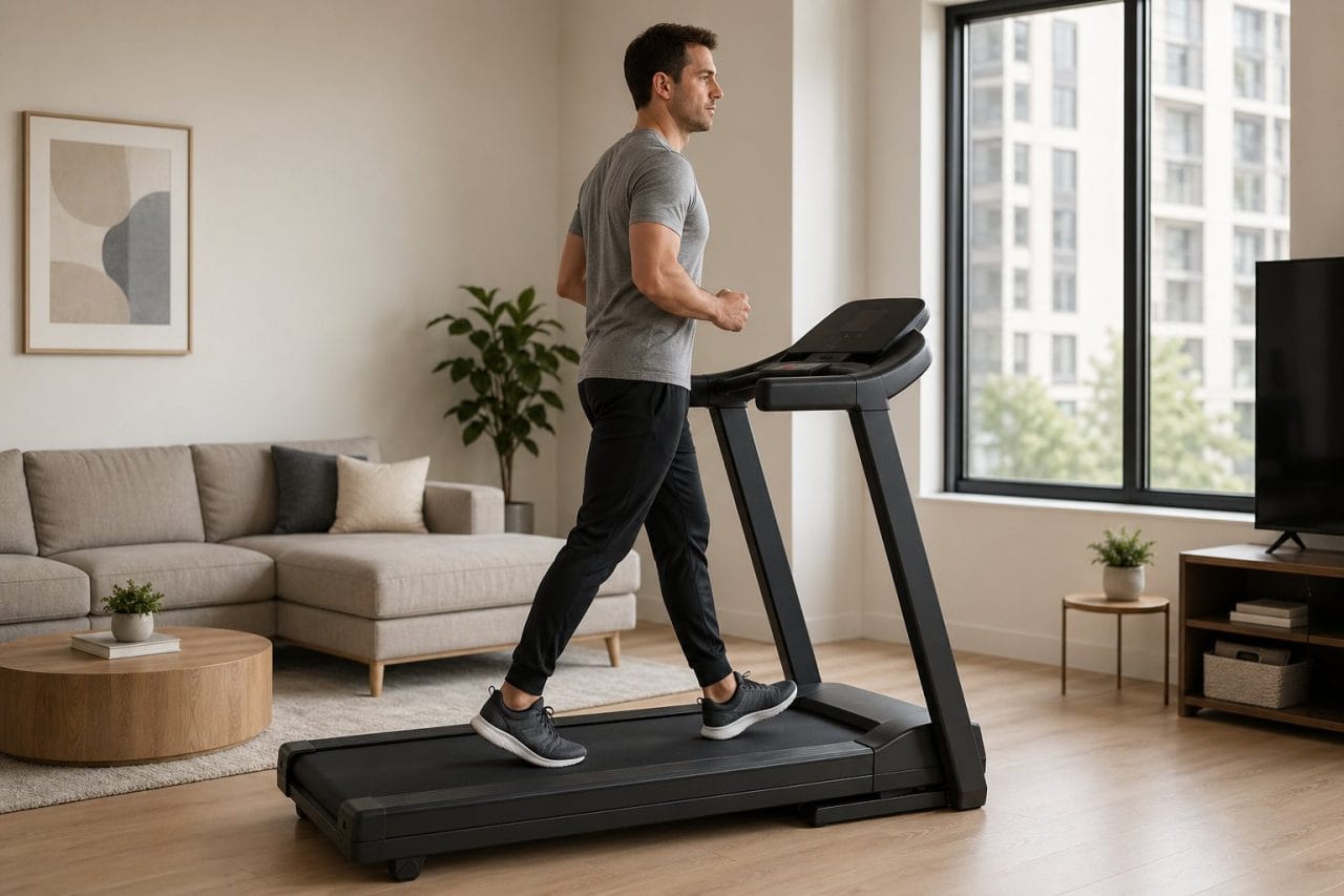 adult using a treadmill in a bright modern apartment living room 2