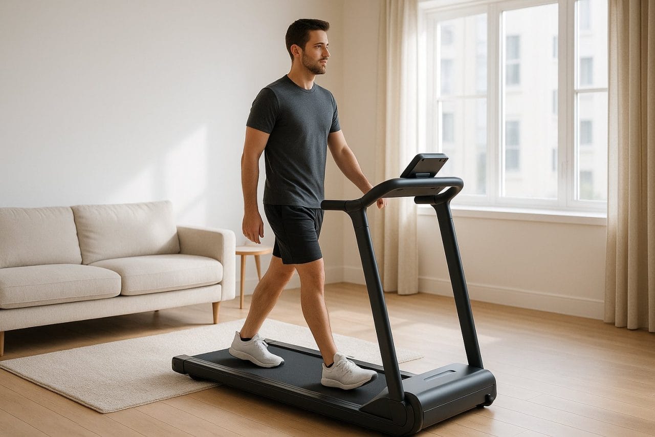 adult using a treadmill in a clean modern apartment living room
