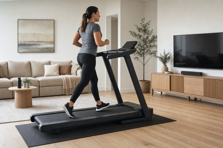 Woman jogging on a treadmill in a shared living space