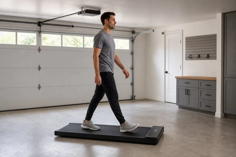 Adult walking on a low profile treadmill in a garage with low ceiling height