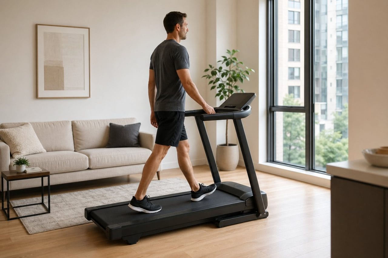 adult walking on a treadmill in a bright modern apartment living room 1