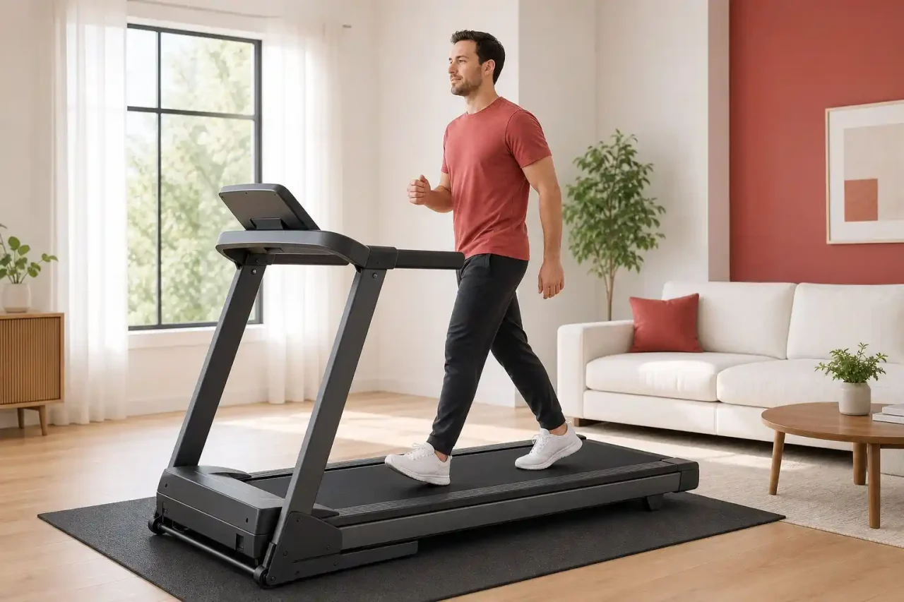 Man walking on the best treadmill for beginners during his home fitness workout.