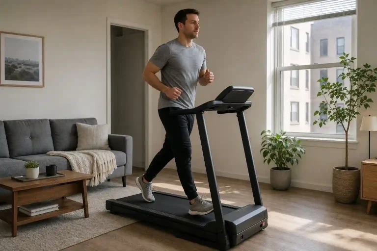 Best budget treadmill in a small bright living room with a person exercising