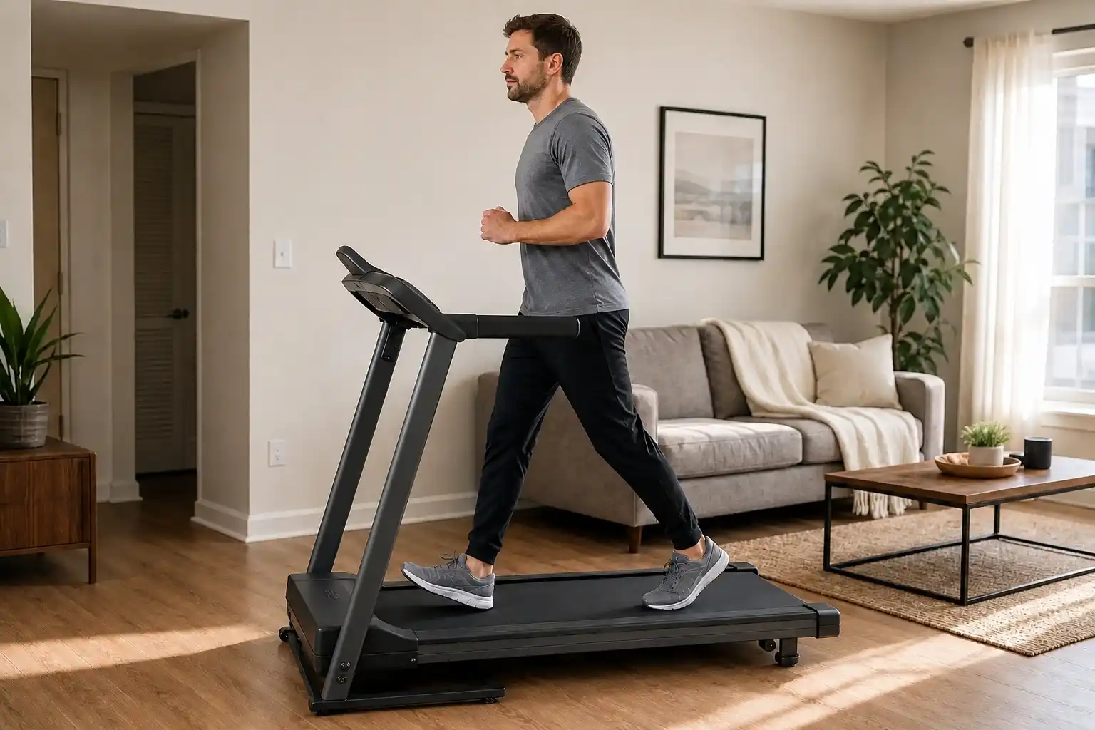 Man walking on the best budget treadmill in a bright modern living room