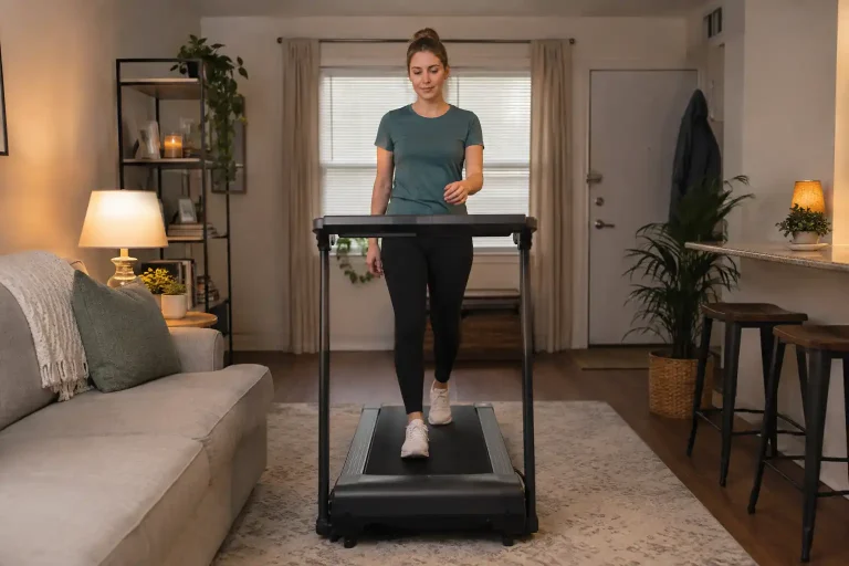 Woman walking on the best budget treadmill in a cozy American apartment living room