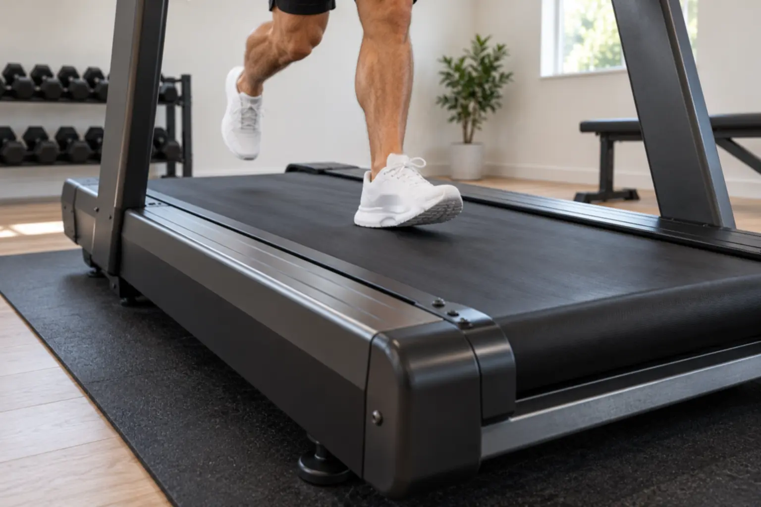 Wide treadmill belt and sturdy frame in a home gym