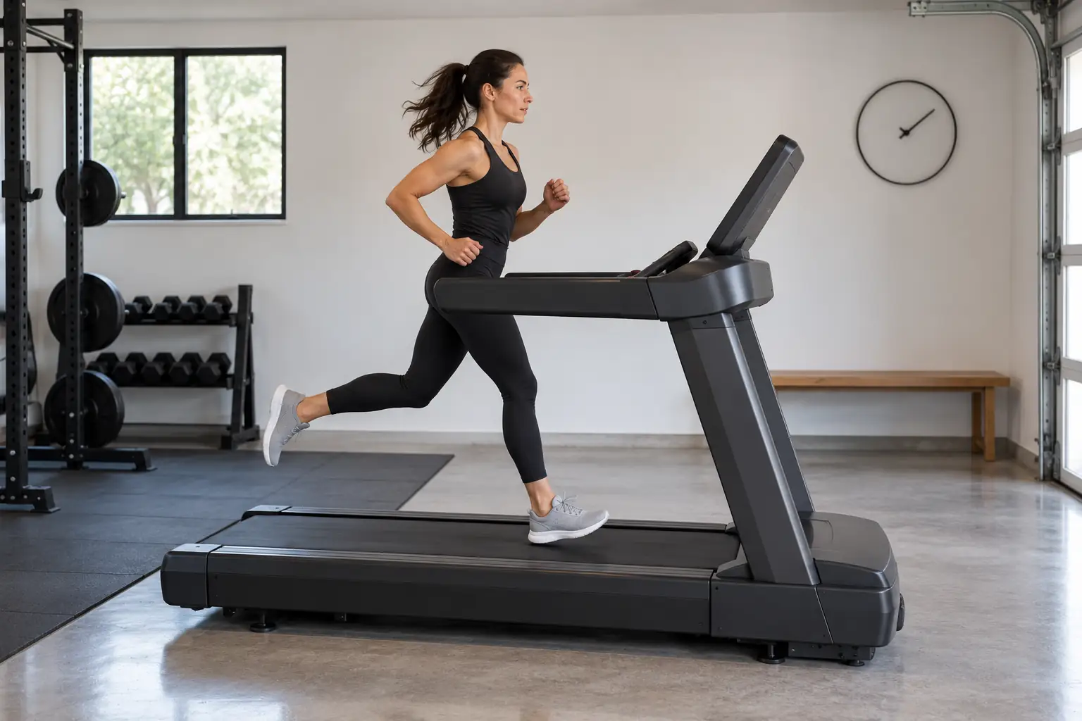 Woman running at speed on a heavy-duty treadmill in a garage gym