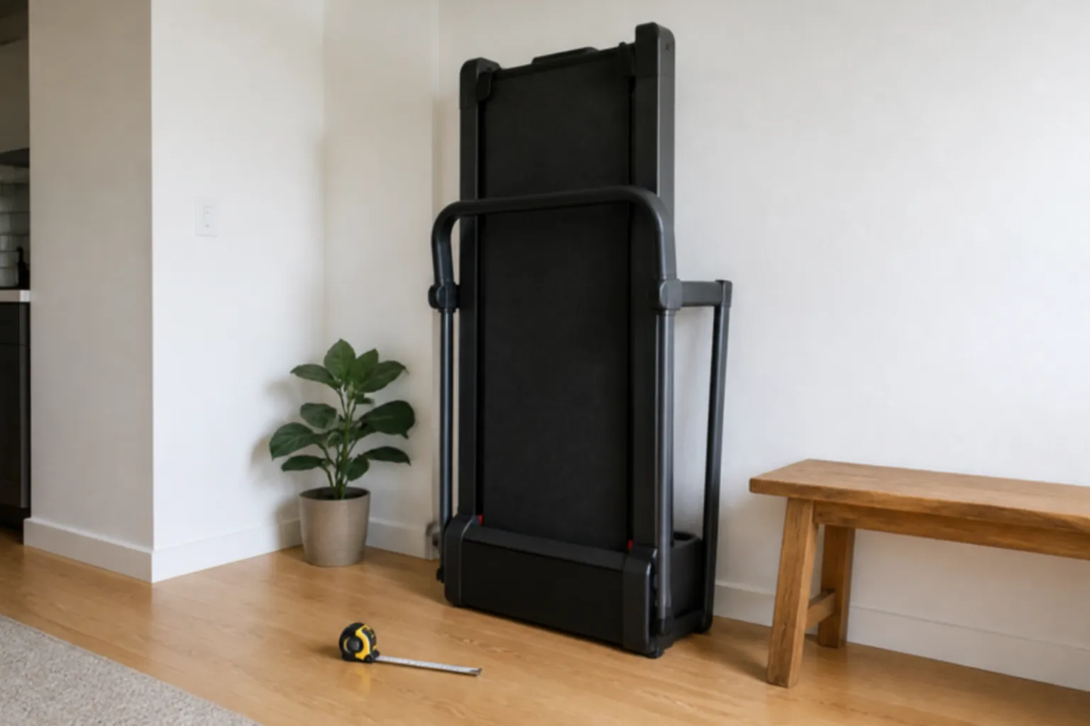 Folded compact treadmill stored against a wall