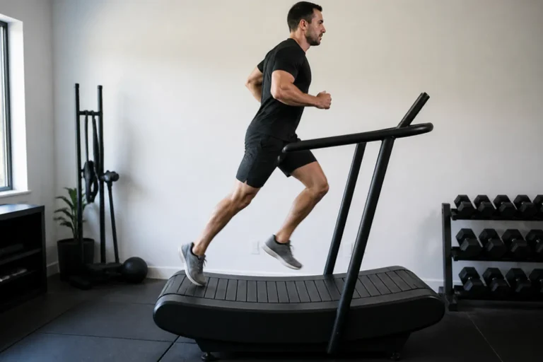Runner sprinting on a self-powered curved treadmill in a home gym