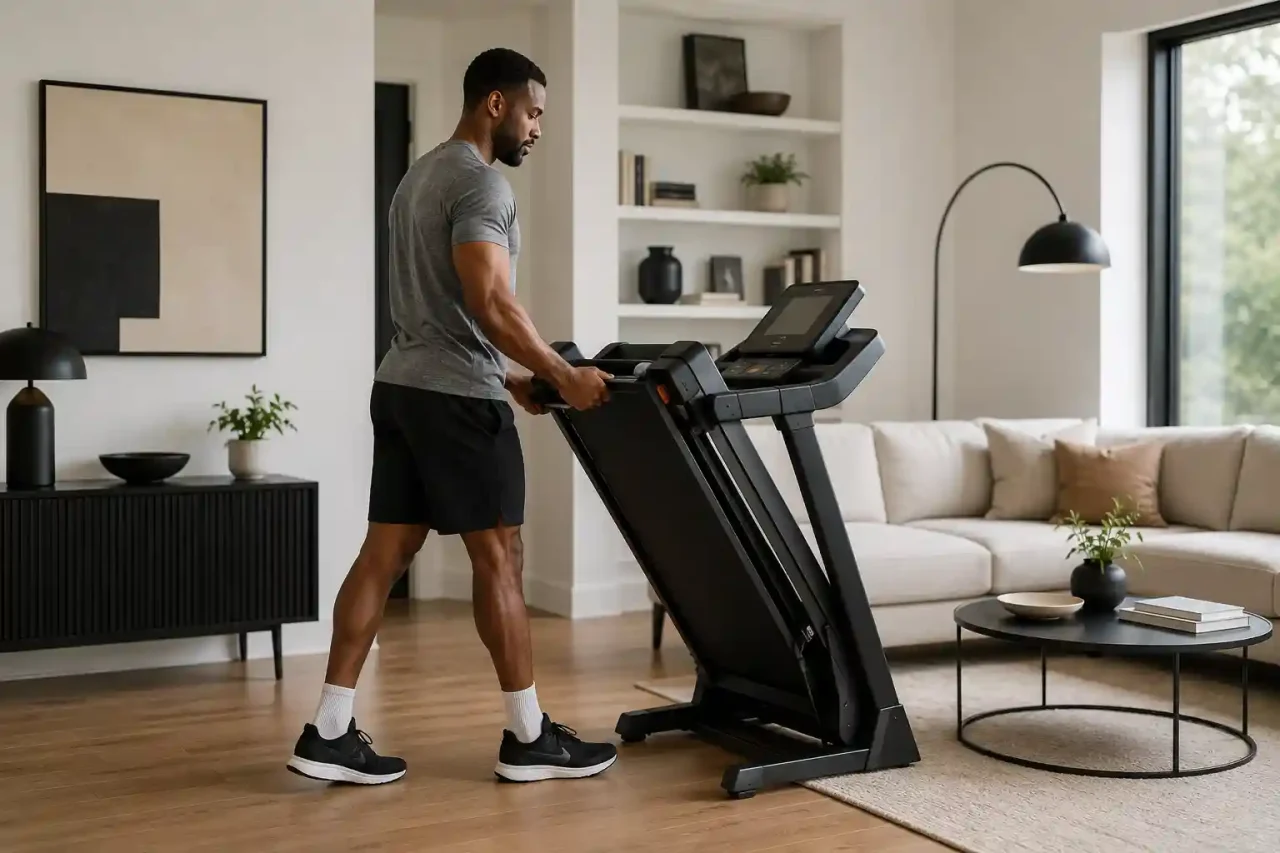 Best folding treadmill with a man storing the treadmill in a home living room