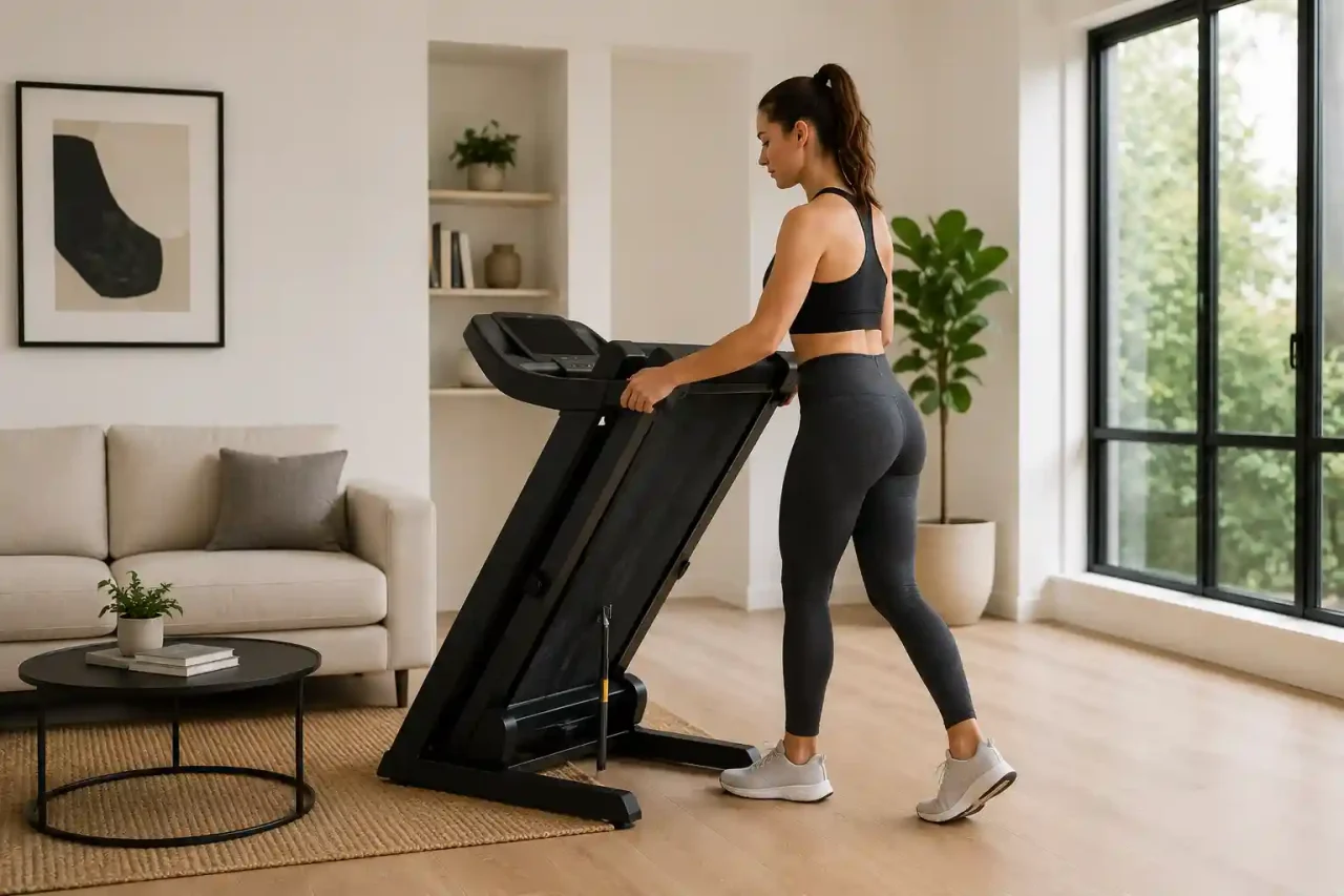 Best folding treadmill being folded for storage in a modern living room