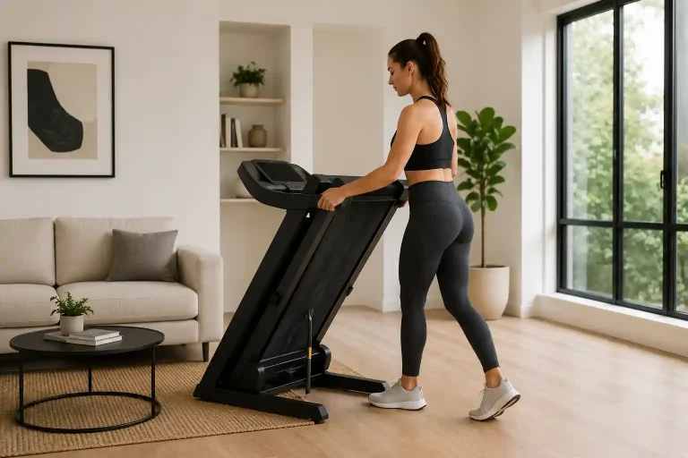 Best folding treadmill being folded for storage in a modern living room