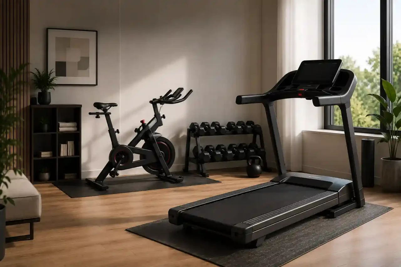 Modern home gym with treadmill and fitness equipment for the best home fitness equipment guide by FitGearHQ