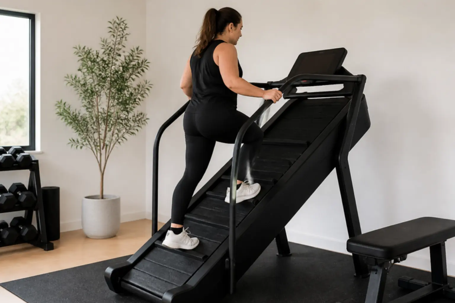 Woman walking uphill on the best incline trainer in a home gym