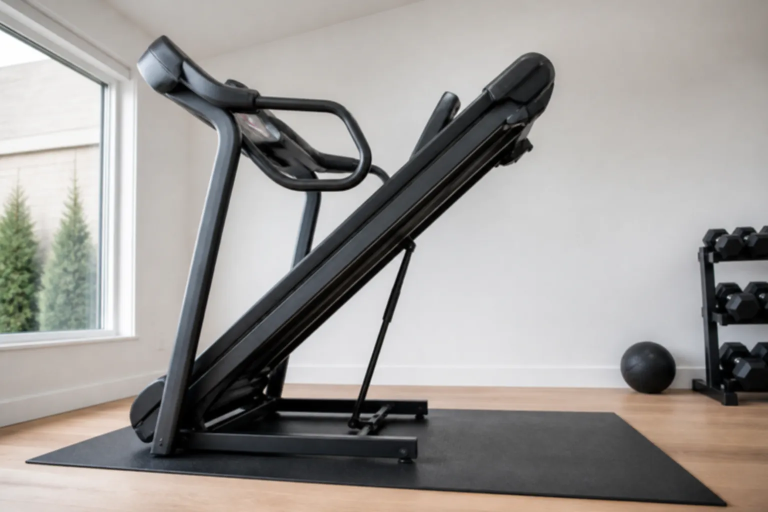 Incline trainer deck raised steeply in a home gym