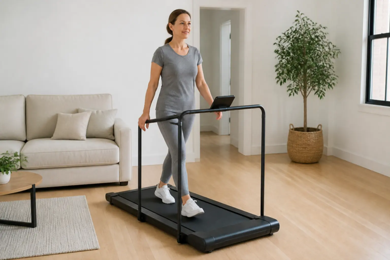 Woman walking on the best manual treadmill at home