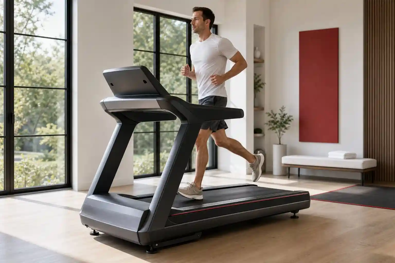 Runner using a premium treadmill in a dedicated home gym