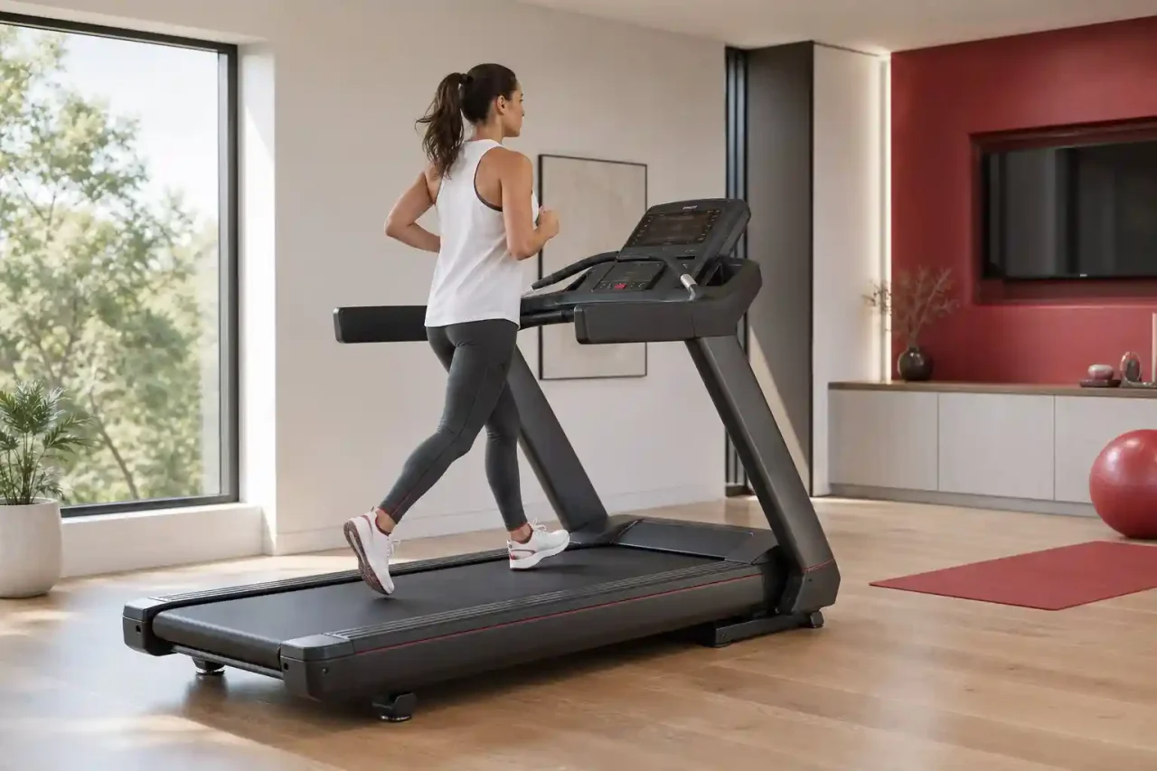 Woman training on the best premium treadmill in a contemporary home fitness room.