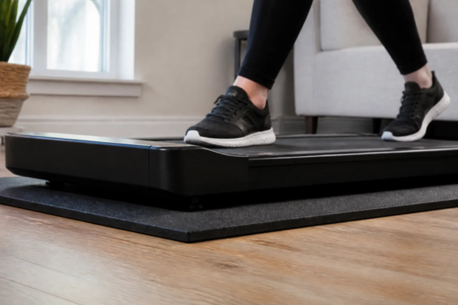 Walking pad on a dense mat over a wooden floor