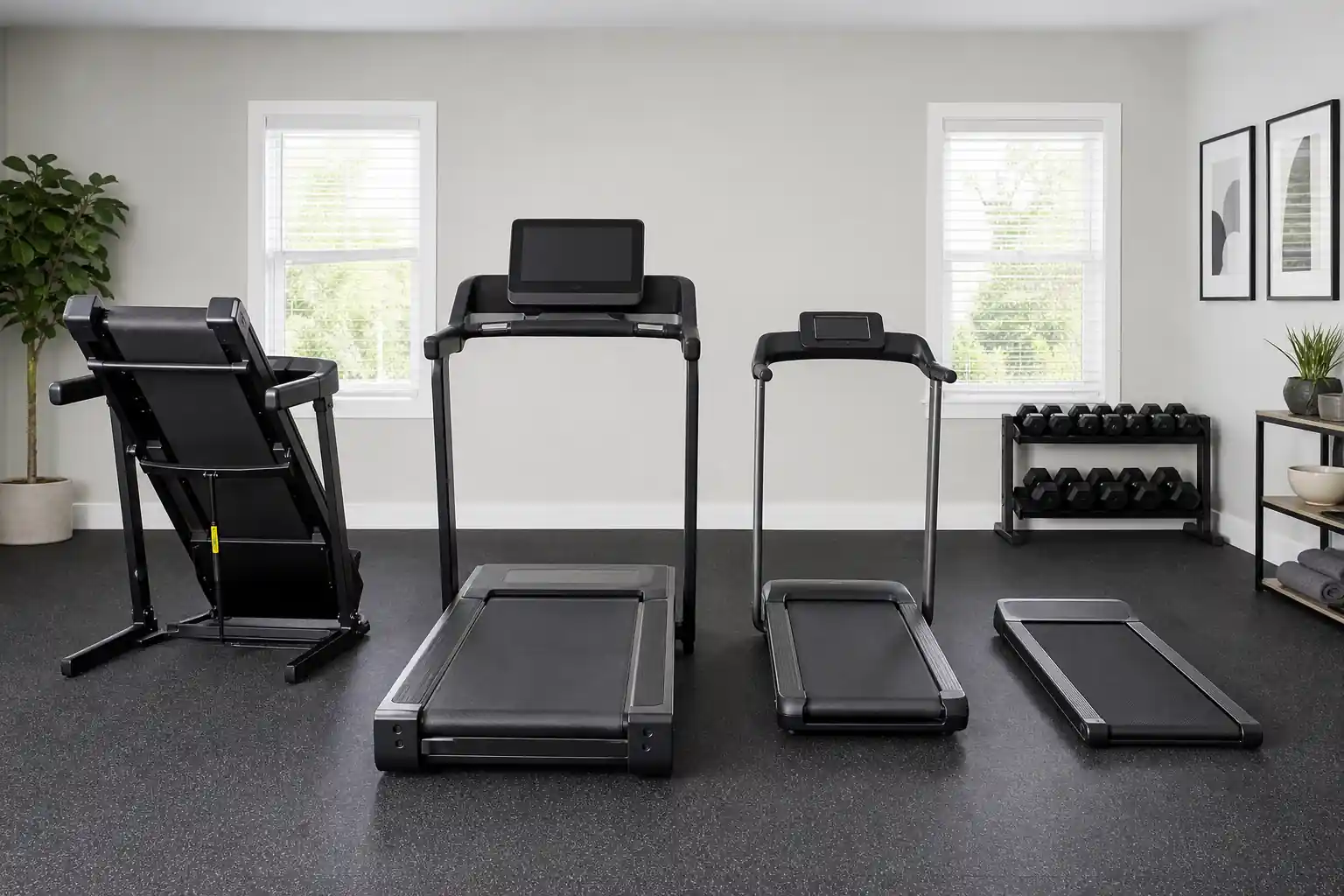 Best treadmill brands: a row of four different black home treadmills (folding, large running treadmill with touchscreen, compact model, walking pad) i