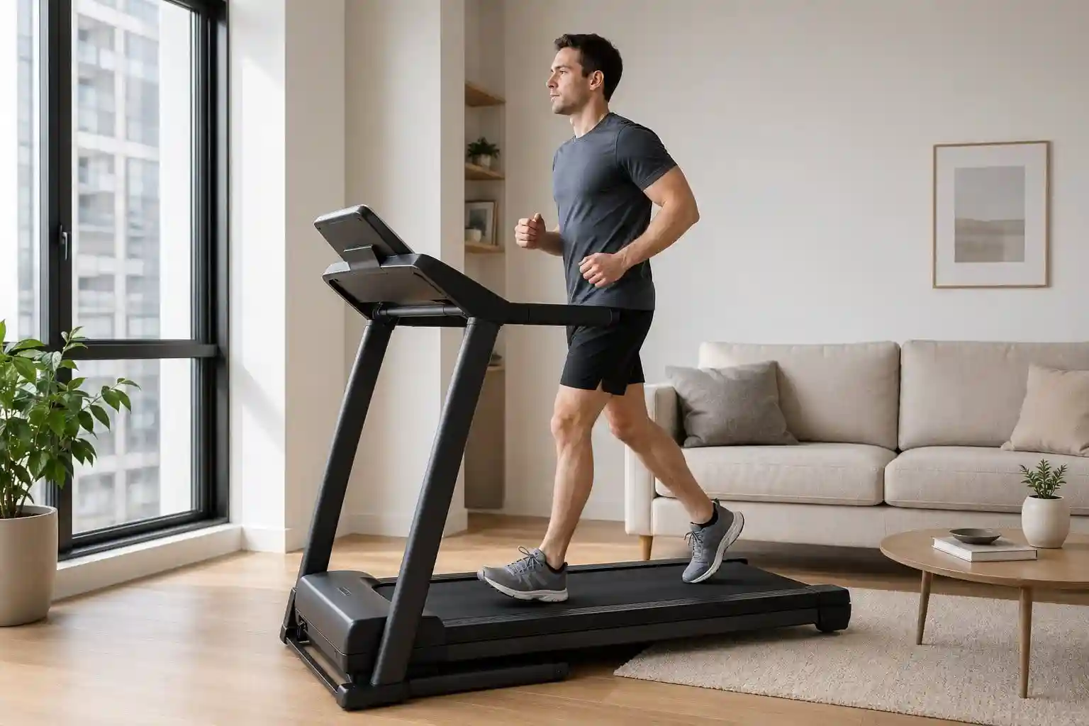 Man using a compact treadmill in an apartment living room