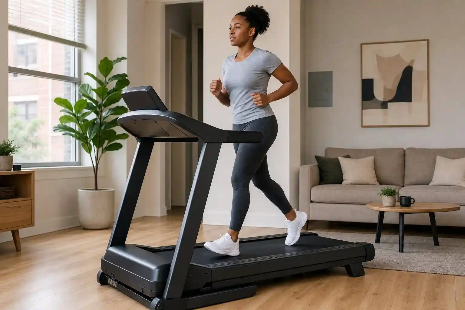 Person using a treadmill in an apartment living room
