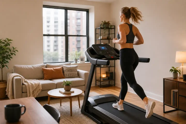 Woman running on the best treadmill for apartment in a cozy living room