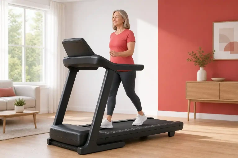 Best treadmill for bad knees in a modern home with a user walking comfortably on a cushioned treadmill