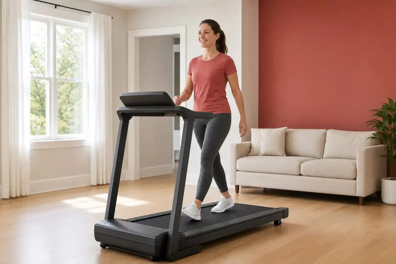 Adult walking on a beginner-friendly treadmill in a modern home living room.