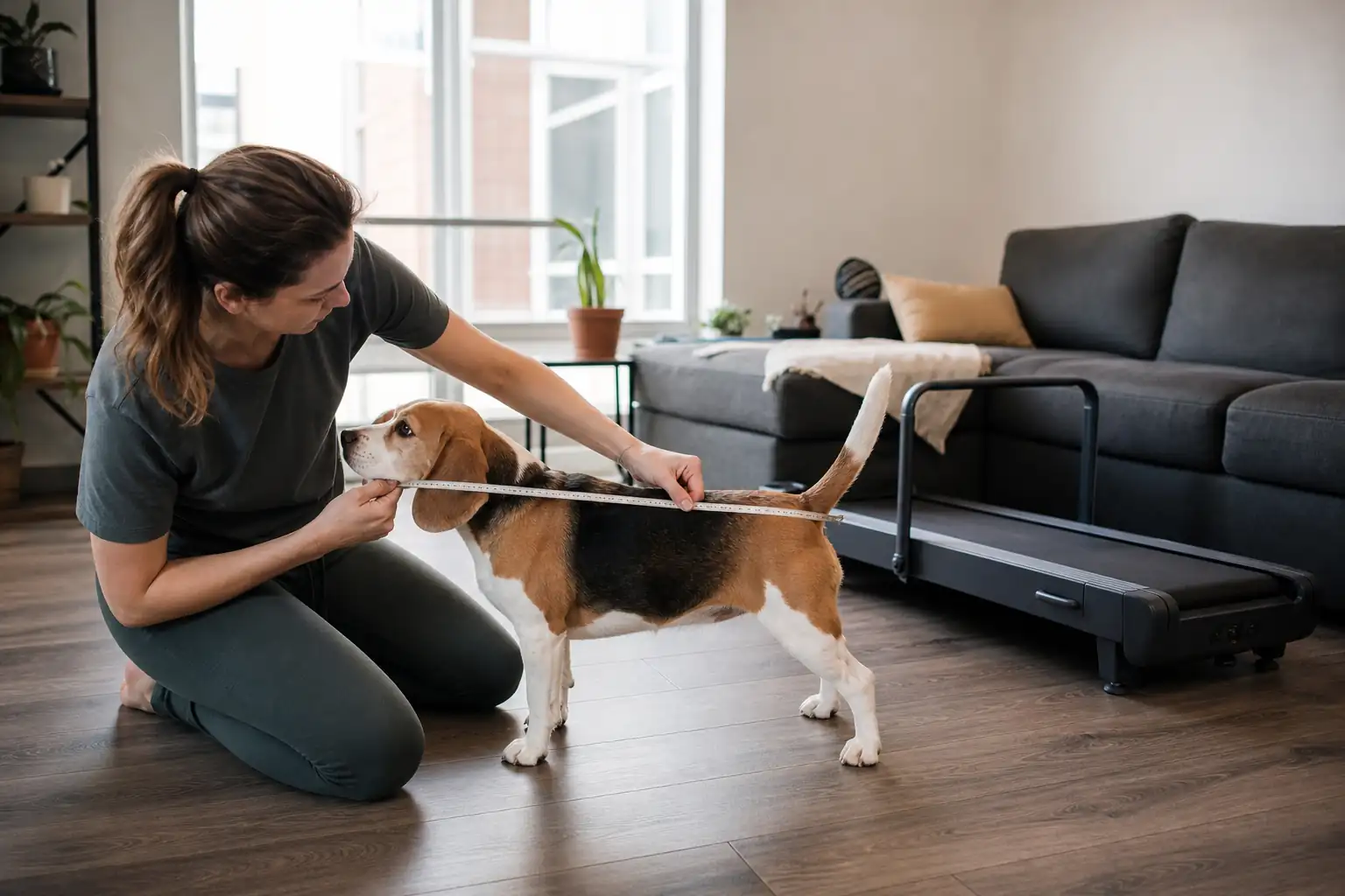 Owner guiding a small dog on a dog treadmill at the slowest speed