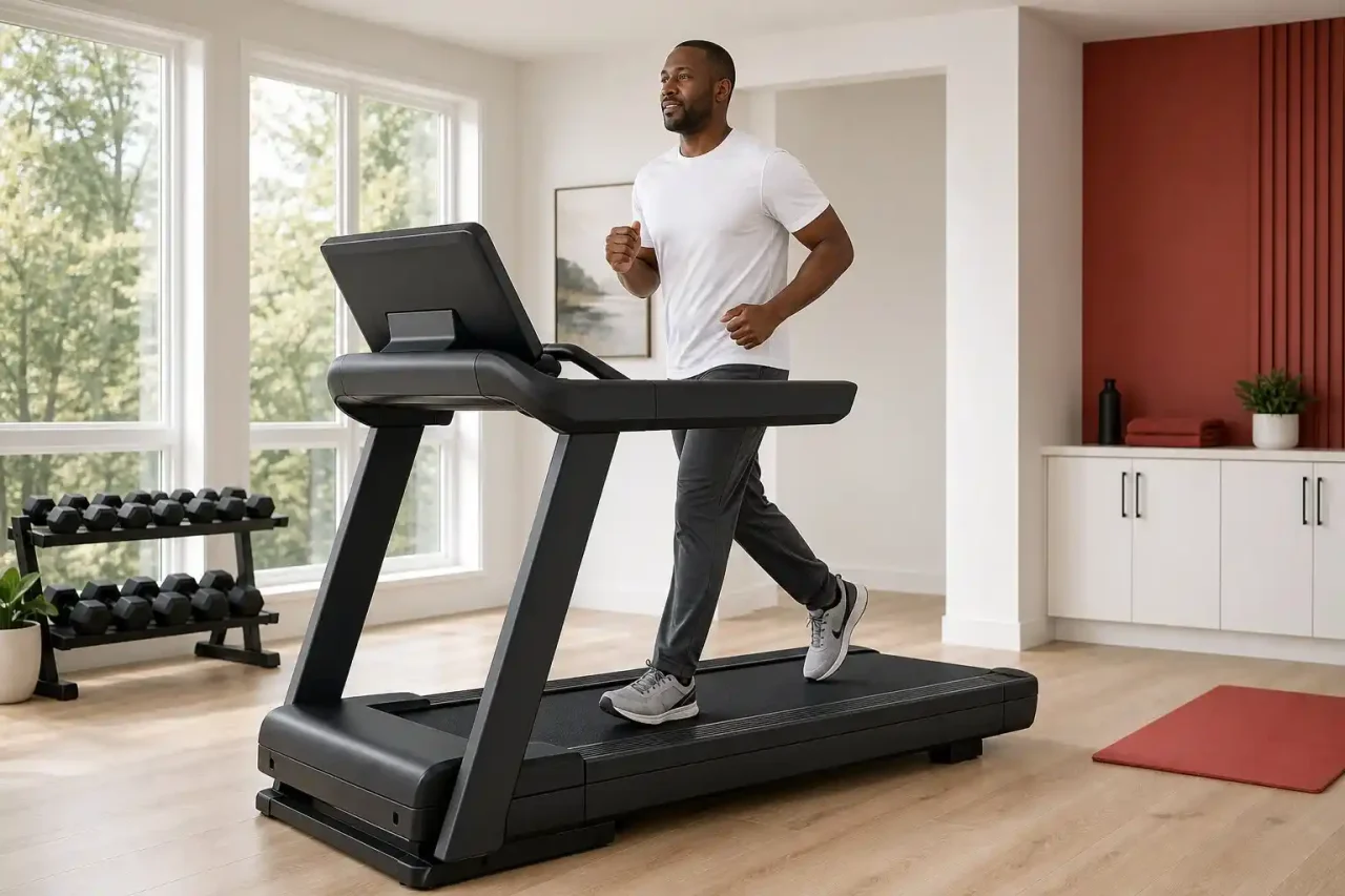 Best treadmill for heavy people with a large-framed adult jogging in a modern home gym.
