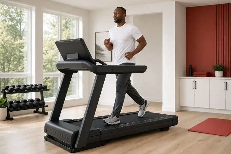 Best treadmill for heavy people with a large-framed adult jogging in a modern home gym.